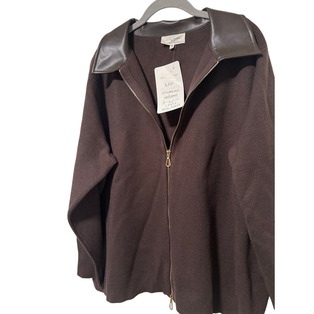 La Vila Milano Women’s Brown Zip Front Knit Cardigan Faux Leather Collar Size 2X - Picture 4 of 7